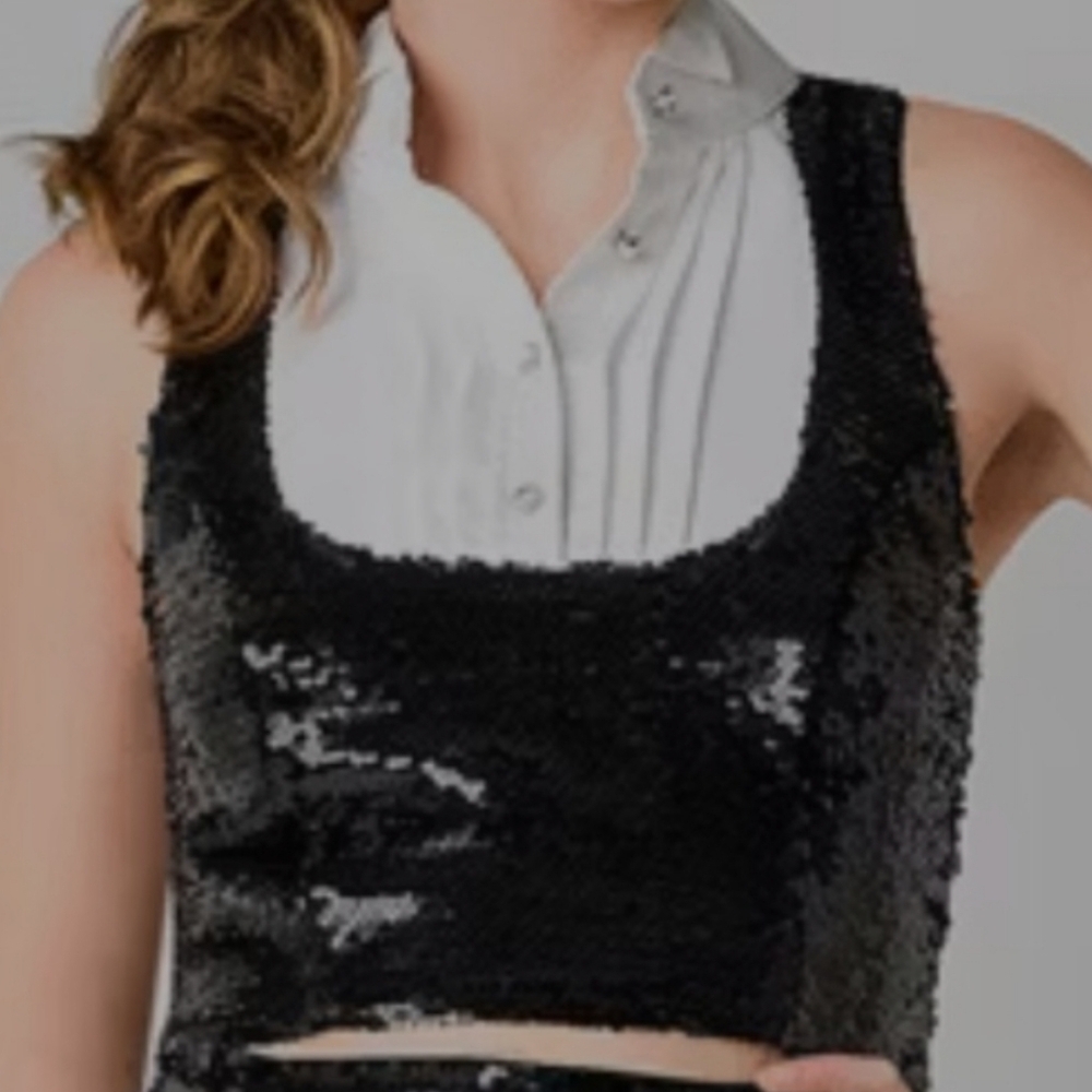 Johnny Wujek for JCP Black Sequin Top with White Collar Dickey XS NWT